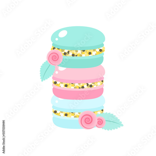 Stack of macarons icon. Cartoon illustration of three almond cakes decorated with flowers isolated on a white background. Vector 10 EPS.