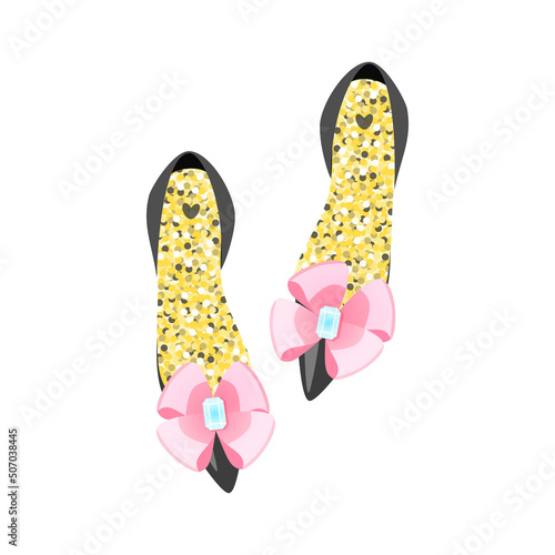 Beautiful shoes icon. Cartoon illustration of black glossy shoes decorated with big pink bows isolated on a white background. Fashion concept. Vector 10 EPS.