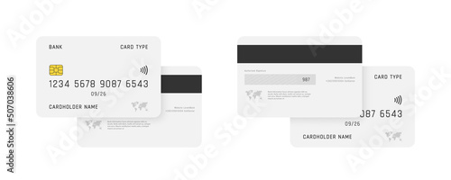 Credit card mockup. Set of plastic debit or credit cards in front and back view. Credit card design template. Vector photo