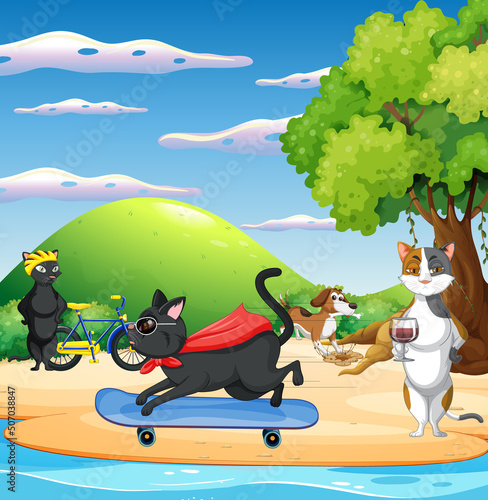 Domestic animals cartoon character on the beach