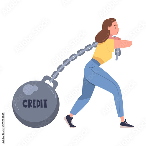 Severity of Mortgage with Woman Pulling Iron Ball on Chain as Heavy Burden of Credit Vector Illustration