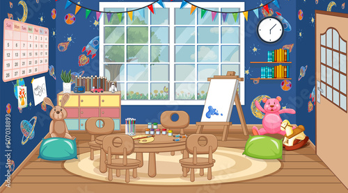 Scene of classroom with table and board