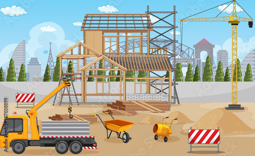 Cartoon scene of building construction site