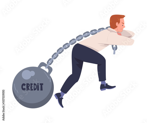 Severity of Mortgage with Man Pulling Iron Ball on Chain as Heavy Burden of Credit Vector Illustration