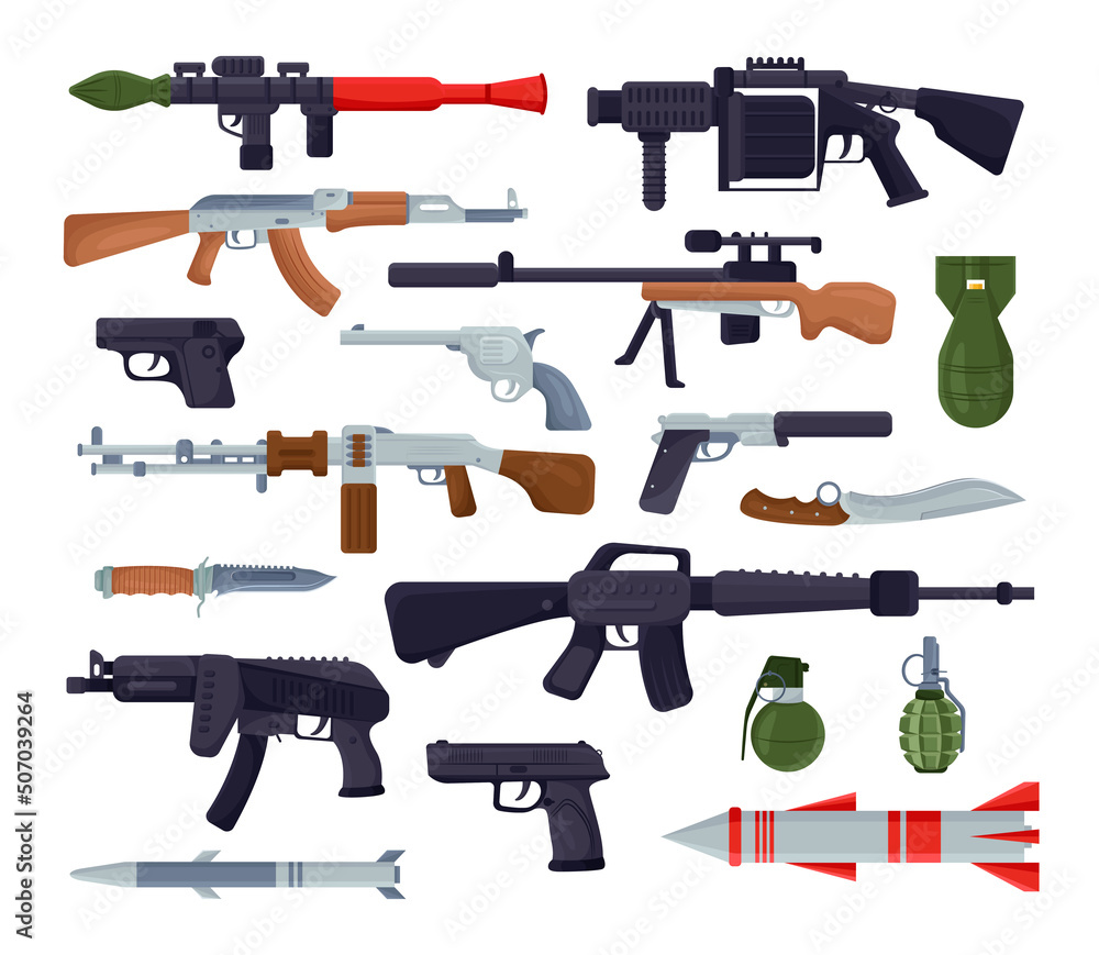 Military weapons illustration set. Army weapons, rocket, grenade launcher,  machine gun and bazooka isolated. Weapon collection on white background.  War, battle concept Stock Vector