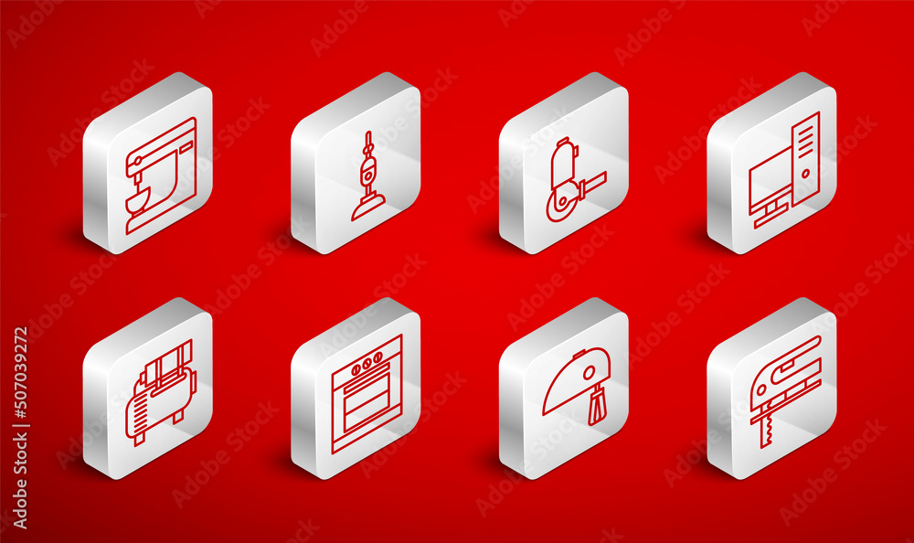 Set line Electric jigsaw, Vacuum cleaner, Angle grinder, Computer monitor, mixer, Oven and Air compressor icon. Vector Set line Electric jigsaw, Vacuum cleaner, Angle grinder, Computer monitor, mixer, Oven and Air compressor icon. Vector