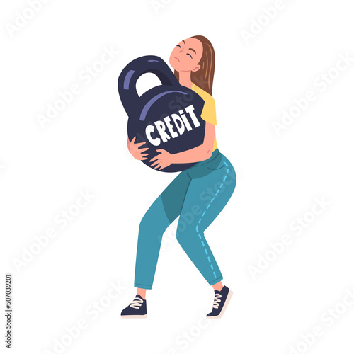 Severity of Mortgage with Woman Holding Huge Kettlebell as Heavy Burden of Credit Vector Illustration