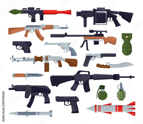 Military weapons illustration set. Army weapons, rocket, grenade launcher, machine gun and bazooka isolated. Weapon collection on white background. War, battle concept photo