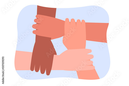 Hands of four friends holding wrists. People of different nationalities or cultures flat vector illustration. Friendship, diversity, teamwork, global communication concept for banner or landing page