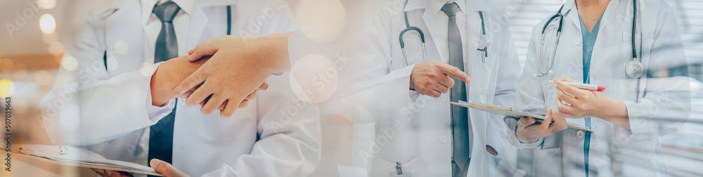 Concept Of Medical Technology and Healthcare Business. Doctor working in hospital background, Banner cover design. Concept Of Medical Technology and Healthcare Business. Doctor working in hospital background, Banner cover design.
