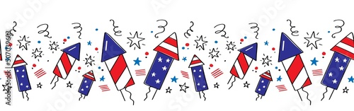 Independence day seamless border decoration. July 4th patriotic party clipart set with cartoon style rocket petard decorated with stars and stripes.