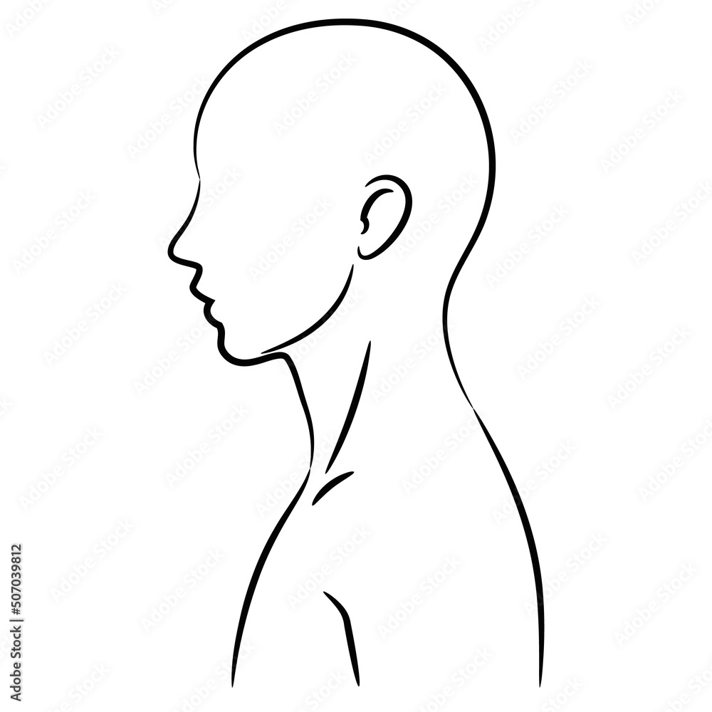 人体のパーツ 白黒のカットイラスト素材 / 横から見た頭部 横顔