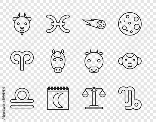 Set line Libra zodiac, Capricorn, Comet falling down fast, Moon phases calendar, Aries, Horse, and Monkey icon. Vector