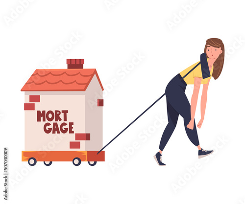 Severity of Mortgage with Tired Woman Pulling House on Trolley as Heavy Burden of Credit Vector Illustration
