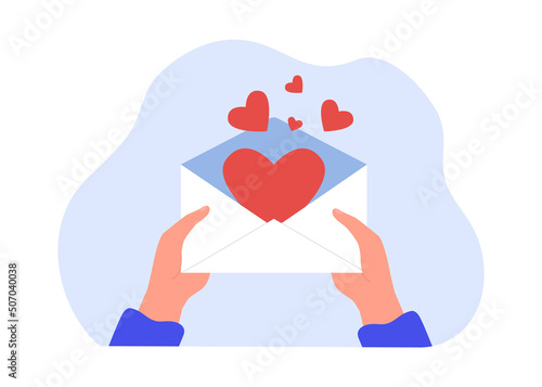 Hands opening envelope with hearts inside. Person holding letter with confession flat vector illustration. Love, romance, valentine day concept for banner, website design or landing web page