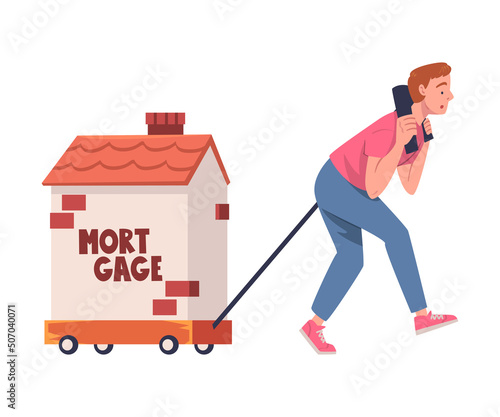 Severity of Mortgage with Tired Man Pulling House on Trolley as Heavy Burden of Credit Vector Illustration