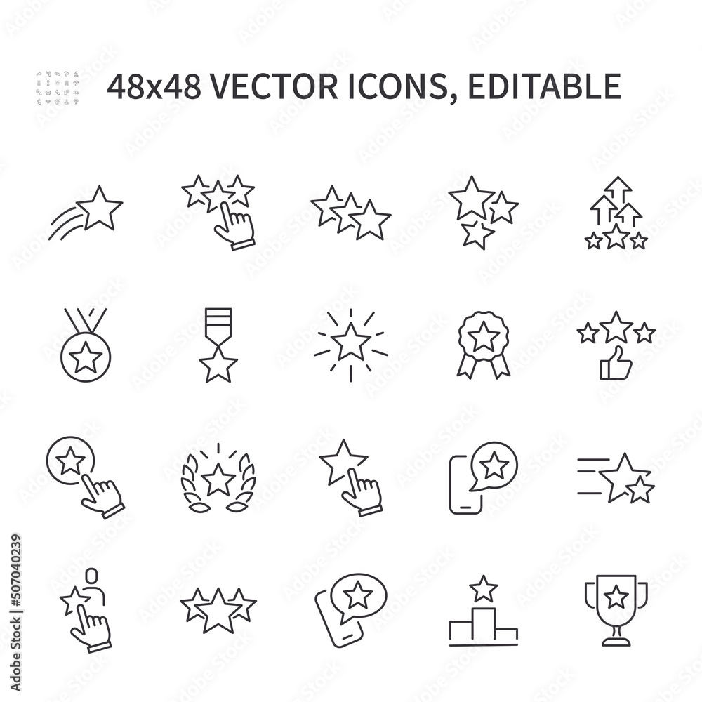 Simple vector line icons. The star theme contains icons such as stars, medals, winner's medal, rating, and more.