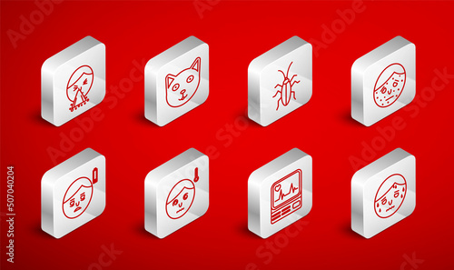 Set line Man with excessive sweating, Pet, Cockroach, Face psoriasis or eczema, Monitor cardiogram, Handkerchief his runny nose, High human body temperature and Fatigue icon. Vector