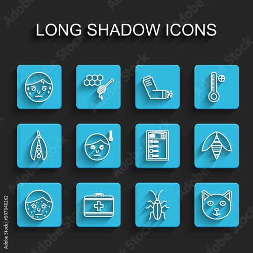 Set line Face with psoriasis or eczema, First aid kit, Man excessive sweating, Cockroach, Pet, High human body temperature, Bee and Clinical record icon. Vector