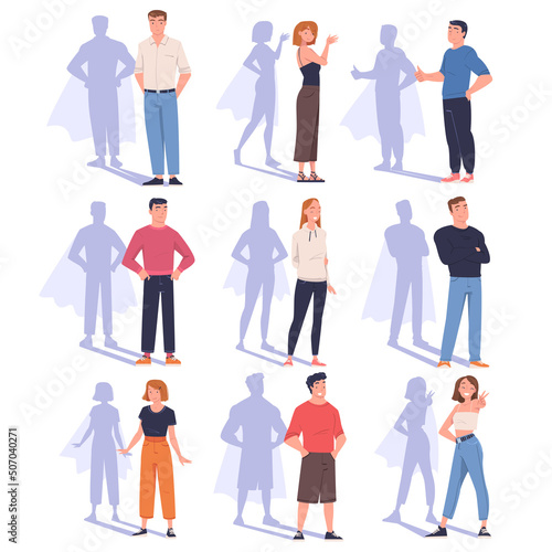 Shadow of Superhero with People Character Standing and Smiling Vector Set