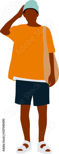 A black young guy in a bright orange T-shirt and old sandals stands in full growth