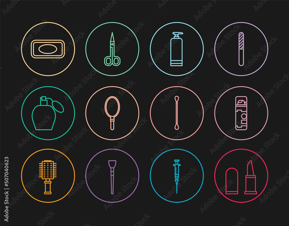Set line Lipstick, Shaving gel foam, Cream cosmetic tube, Hand mirror, Perfume, Bar of soap, Cotton swab for ears and Scissors icon. Vector Set line Lipstick, Shaving gel foam, Cream cosmetic tube, Hand mirror, Perfume, Bar of soap, Cotton swab for ears and Scissors icon. Vector