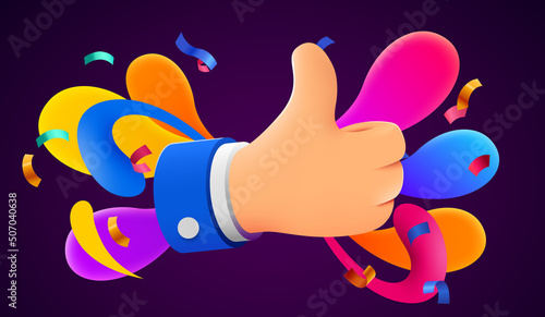 Cartoon human hand with thumb. Concept of like at social network, success or good feedback.