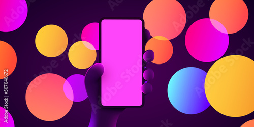 Cute cartoon hand holding mobile smart phone. Modern mockup.