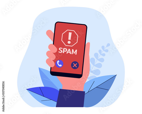 Hand holding smartphone with spam call warning on screen. Dangerous call flat vector illustration. Spam, security, internet concept for banner, website design or landing web page