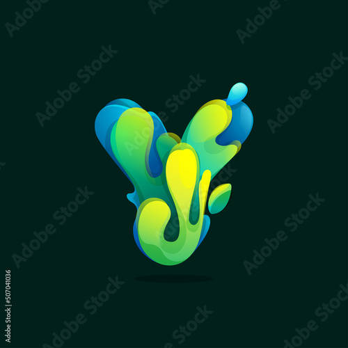 Y letter eco logo made of green and blue splashes, pure water waves and dew drops with fresh leaves.