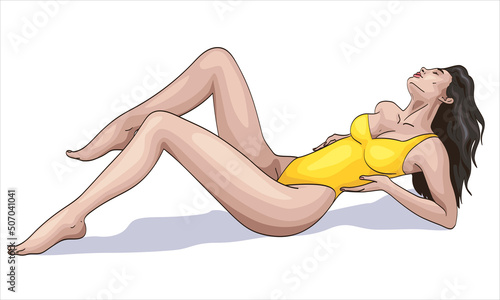 Beautiful sexy young woman with long dark hair dressed in a yellow swimsuit lies and takes a tan. Vector illustration