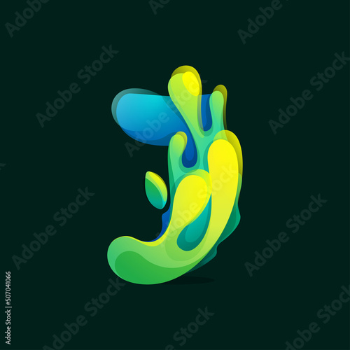 J letter eco logo made of green and blue splashes  pure water waves and dew drops with fresh leaves.
