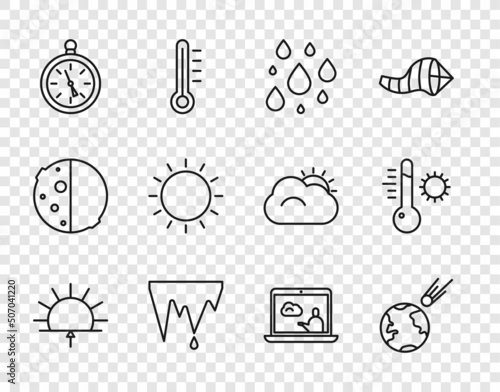 Set line Sunrise, Comet falling down fast, Water drop, Icicle, Compass, Weather forecast and Meteorology thermometer icon. Vector