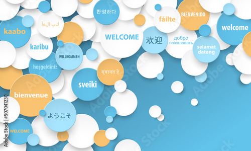 Colorful vector WELCOME concept with translation into multiple languages on blue background photo