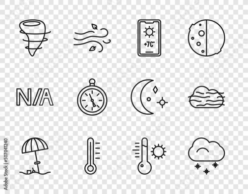Set line Sun protective umbrella for beach, Cloud with snow, Weather forecast, Meteorology thermometer, Tornado, Compass, and Fog and cloud icon. Vector