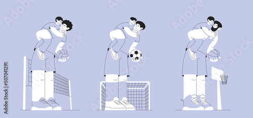 Sports family, father rides son on back. Brother with ball. Vector illustration in flat style with outline. Line art, minimal. Template with football gate, volleyball net, basketball hoop