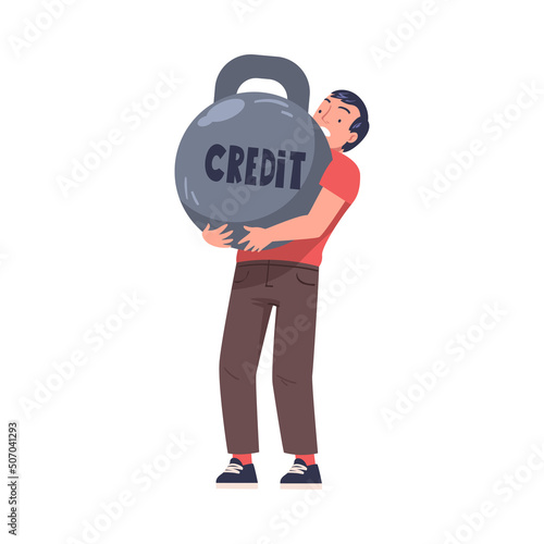 Severity of Mortgage with Man Holding Huge Kettlebell as Heavy Burden of Credit Vector Illustration