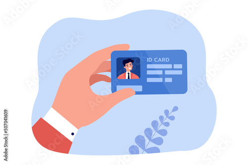 Hand of company worker holding ID card. Pass with photo and information of male employee flat vector illustration. Identification, security concept for banner, website design or landing web page