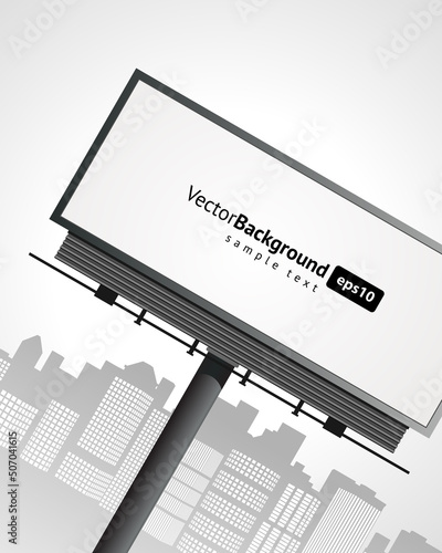 Street massive billboard on background skyscrapers vector banner. Dark steel frame with white screen for digital signage. Commercial marketing informational with business advertising.