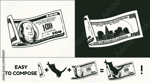 Wavy folded american 100 dollar banknote with front and reverse side. Falling, flying banknote. Cash money. Detailed black and white monochrome vector illustration