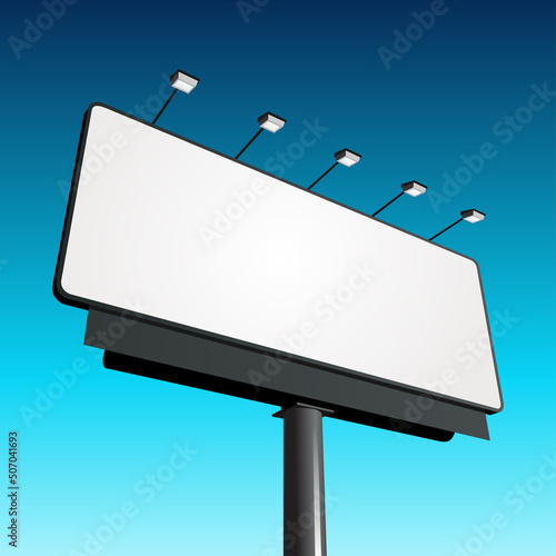 Street advertising billboard with backlight lanterns vector banner. Black metal placard on thick tube stand for video promotion and commercial. Horizontal marketing informational layout blue sky.