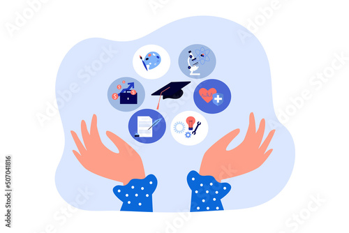 Hands of student and symbols of different university majors. Person choosing college or career direction flat vector illustration. Education concept for banner, website design or landing web page
