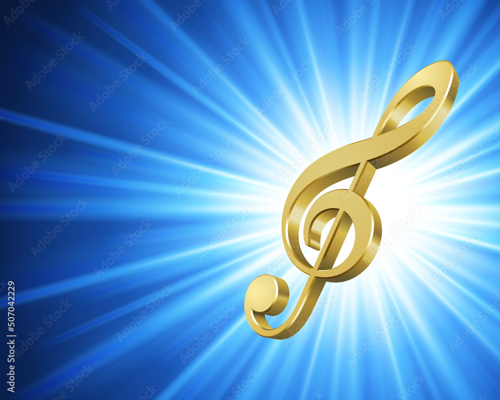 3d musical note bright blue flash vector. Golden treble clef in rays is symbol classical conservatory and modern music. Symphony volume design of art in creative arias songs and opera. - obrazy, fototapety, plakaty 
