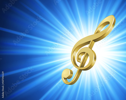 3d musical note bright blue flash vector. Golden treble clef in rays is symbol classical conservatory and modern music. Symphony volume design of art in creative arias songs and opera.