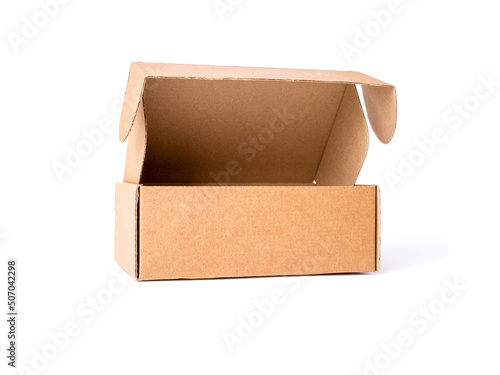 Empty rectangular cardboard box with open lid. Isolated on a white background