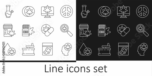 Set line Head with marijuana or cannabis, Magnifying glass and, Monitor, Medical bottle, Glass bong for smoking, Herbal ecstasy tablets and icon. Vector