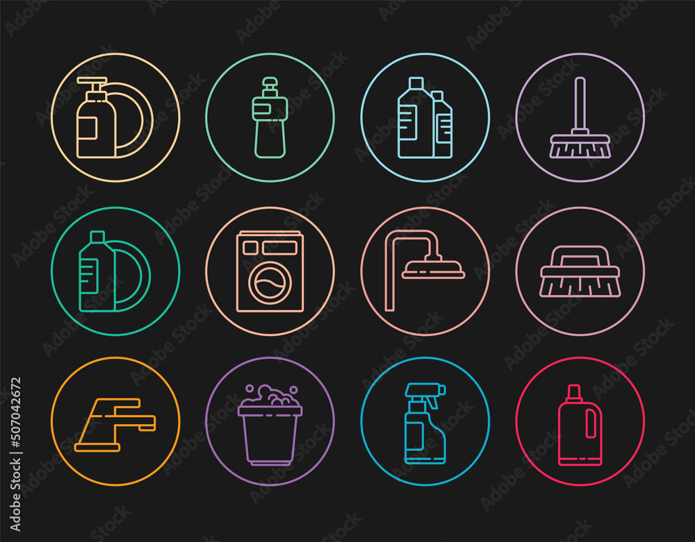 Set line Fabric softener, Brush for cleaning, Bottles agent, Washer, Dishwashing liquid bottle and plate, Shower head and icon. Vector Set line Fabric softener, Brush for cleaning, Bottles agent, Washer, Dishwashing liquid bottle and plate, Shower head and icon. Vector