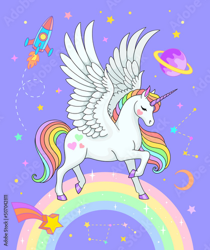 Magical pegasus on rainbow with saturn, stars, rocket and constellations. Vector fantasy illustration in pastel colors