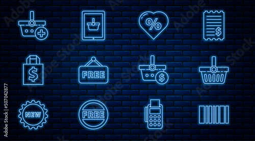 Set line Barcode, Shopping basket, Discount percent tag heart, Price with text Free, Shoping bag and dollar, Add to, and on tablet icon. Vector