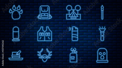 Set line Balaclava, Flashlight, Tourist tent, Hunting jacket, Bullet, Paw print, Pepper spray and Hiking backpack icon. Vector